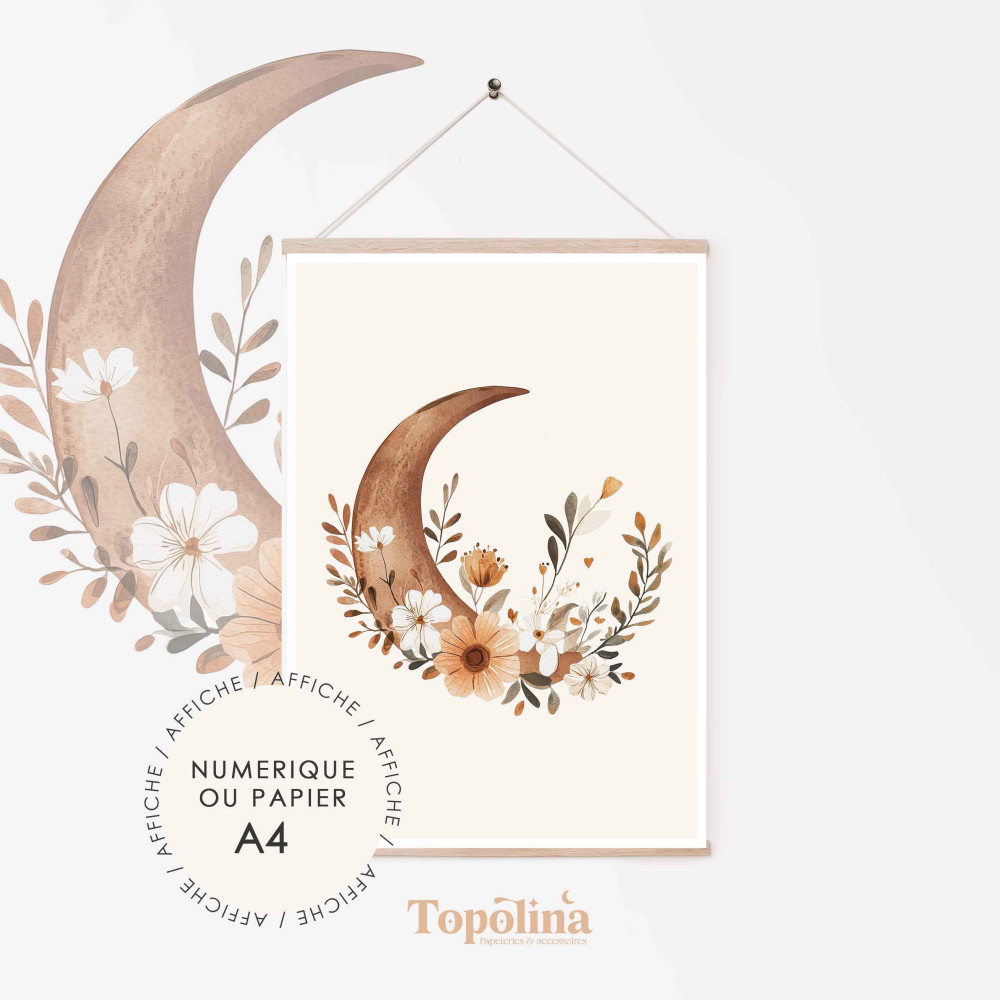 Affiche illustrée lune fleuri – Douceur & poésie