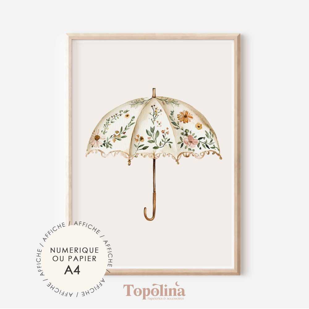Affiche parapluie fleuri – Poster enfant A4 pastel