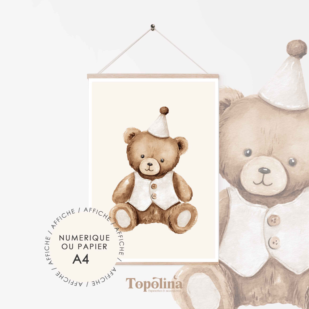 Affiche ourson – Poster enfant A4 pastel | Décoration chambre bébé douce