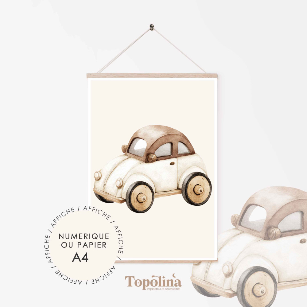 Affiche voiture – Poster enfant A4 pastel | Décoration chambre bébé douce
