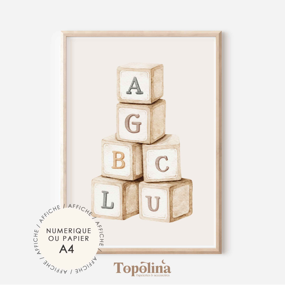 Affiche cubes en bois -  Poster enfant A4 pastel | Décoration chambre bébé douce