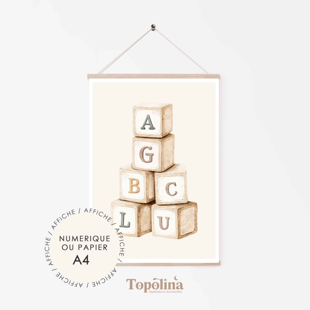 Affiche cubes en bois -  Poster enfant A4 pastel | Décoration chambre bébé douce