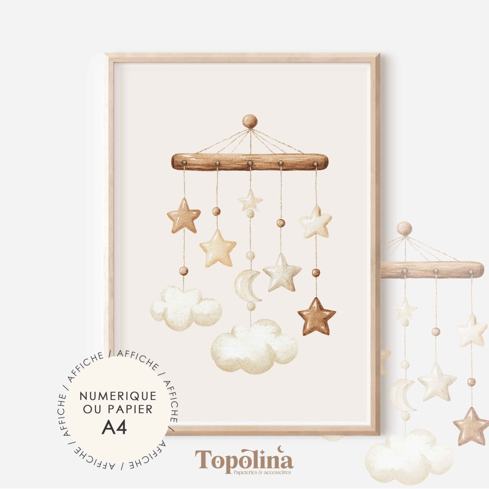 Affiche mobile bébé -  Poster enfant A4 pastel | Décoration chambre bébé douce