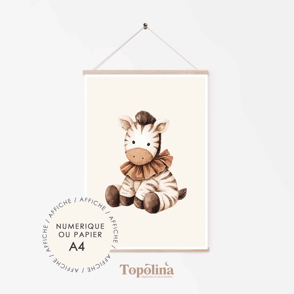 Affiche zèbre -  Poster enfant A4 pastel | Décoration chambre bébé douce