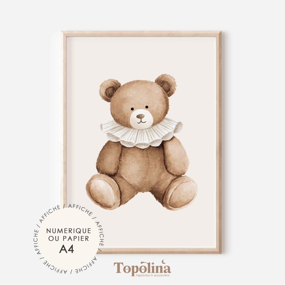 Affiche ourson | Poster enfant A4 pastel | Décoration chambre bébé douce