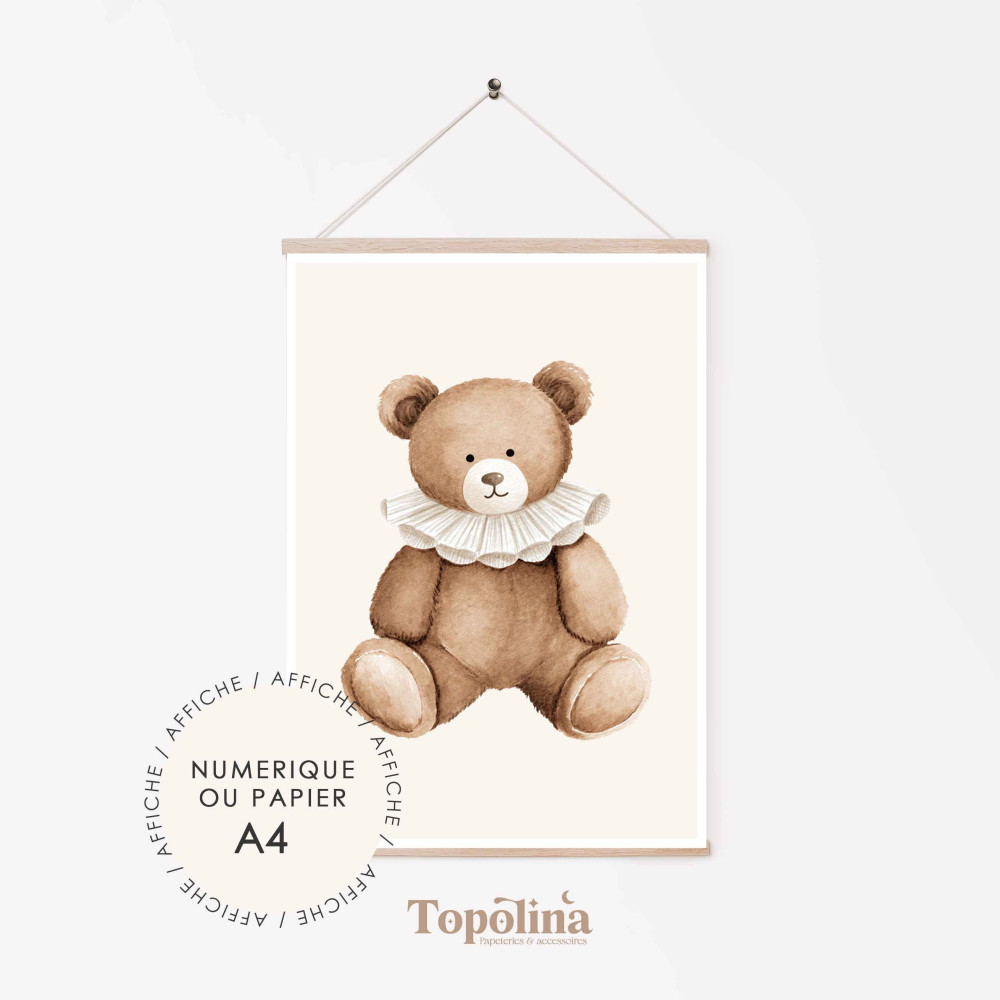 Affiche ourson | Poster enfant A4 pastel | Décoration chambre bébé douce