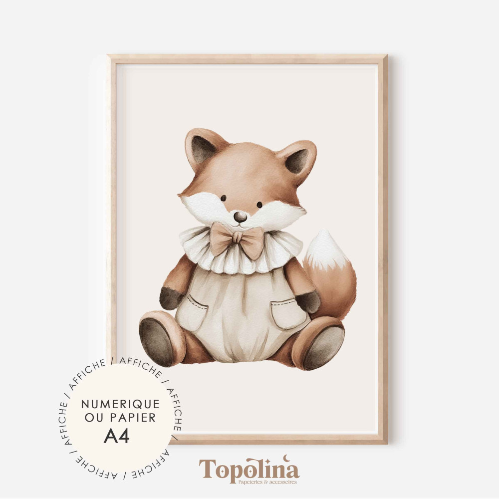 Affiche Renard | Poster enfant A4 pastel | Décoration chambre bébé douce