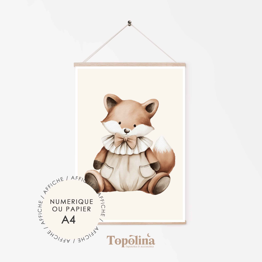 Affiche Renard | Poster enfant A4 pastel | Décoration chambre bébé douce