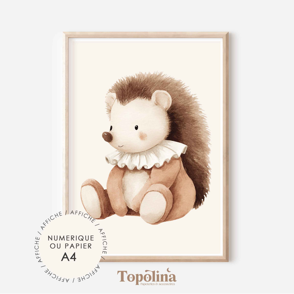 Affiche hérisson | Poster enfant A4 pastel | Décoration chambre bébé douce