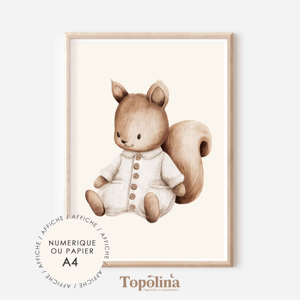 Affiche écureuil | Poster enfant A4 pastel | Décoration chambre bébé douce