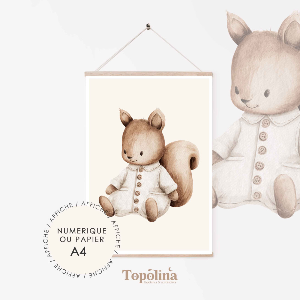 Affiche écureuil | Poster enfant A4 pastel | Décoration chambre bébé douce