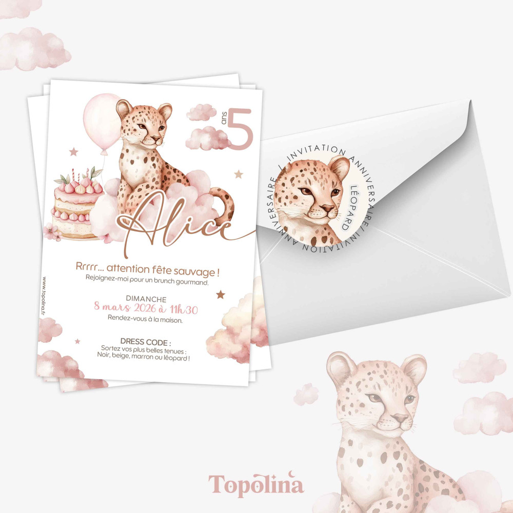 Invitation anniversaire enfant personnalisée – Thème léopard