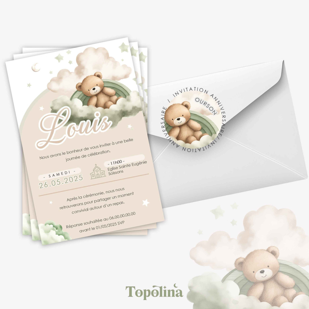 Invitation d’anniversaire personnalisée – Thème ourson, nuage & arc-en-ciel