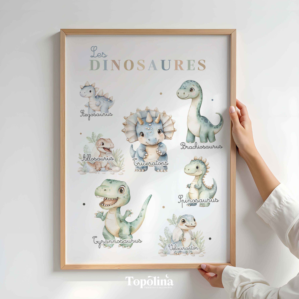 Affiche éducative les dinosaures – Poster pédagogique pour enfants, chambre ou classe