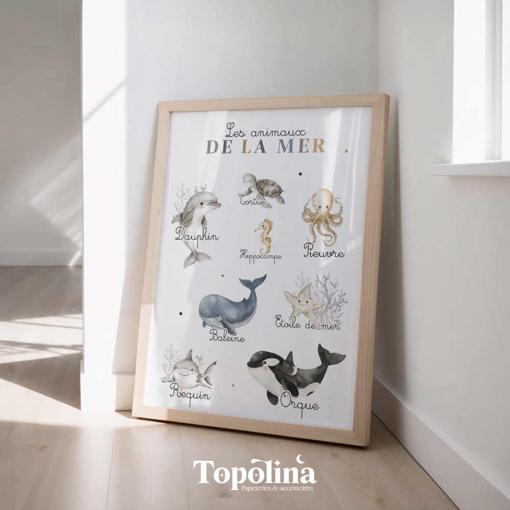 Affiche éducative Animaux de la Mer – Poster pédagogique pour enfants, chambre ou classe