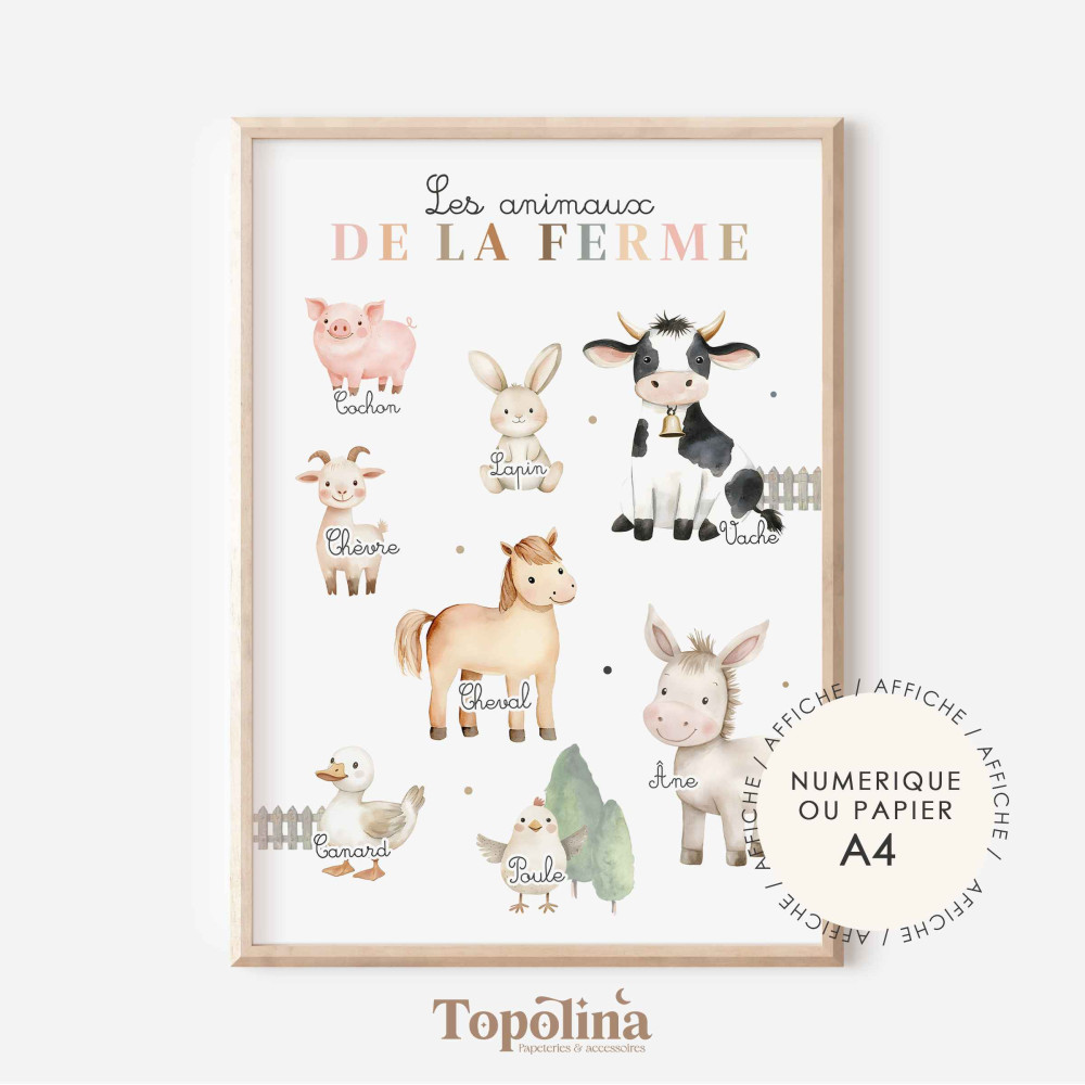 Affiche éducative Animaux de la ferme – Poster pédagogique pour enfants, chambre ou classe