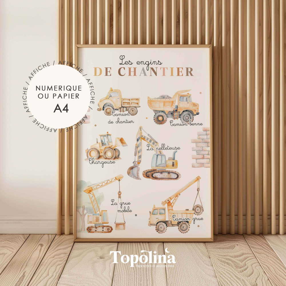 Affiche éducative les engins de chantier – Poster pédagogique pour enfants, chambre ou classe