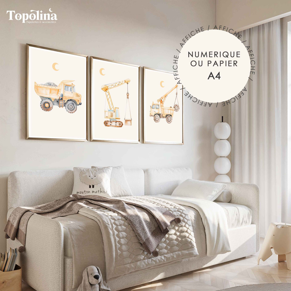 Lot de 3 affiches illustrées – Engins de chantier