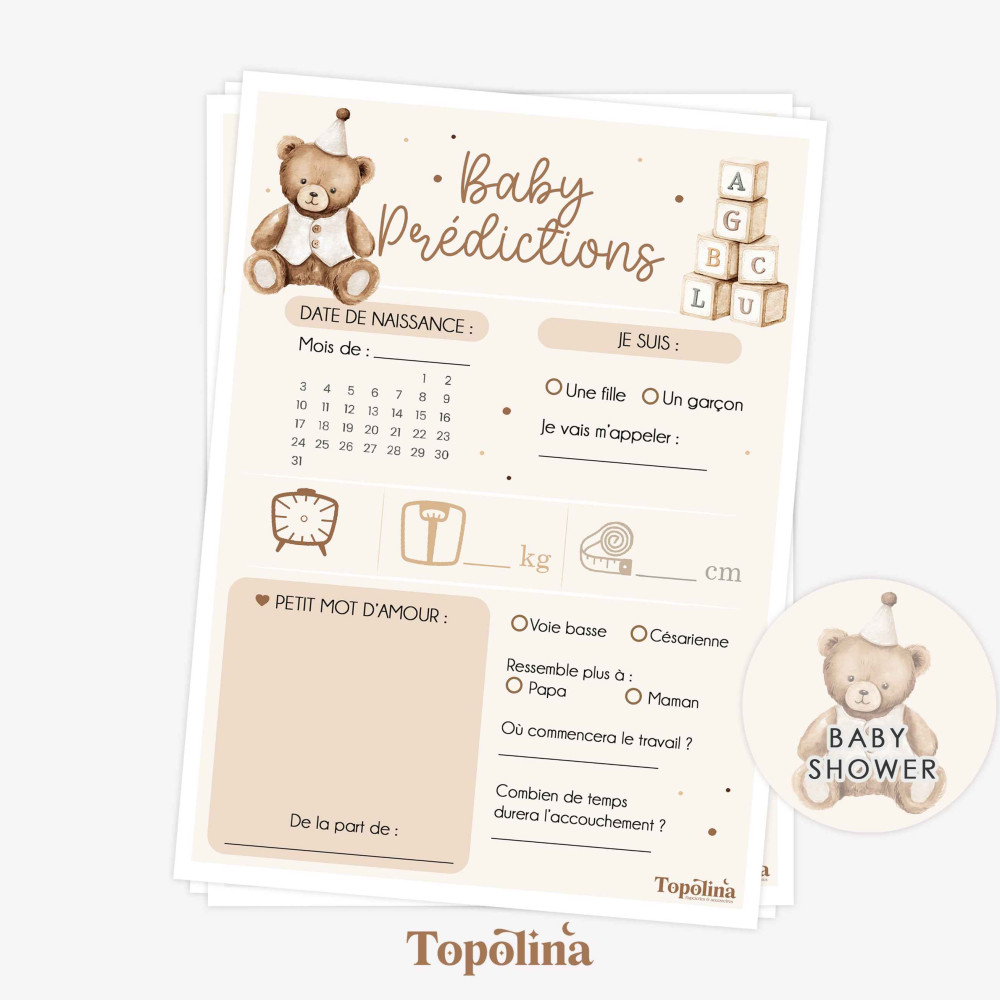 Cartes prédictions Baby Shower – Thème ourson