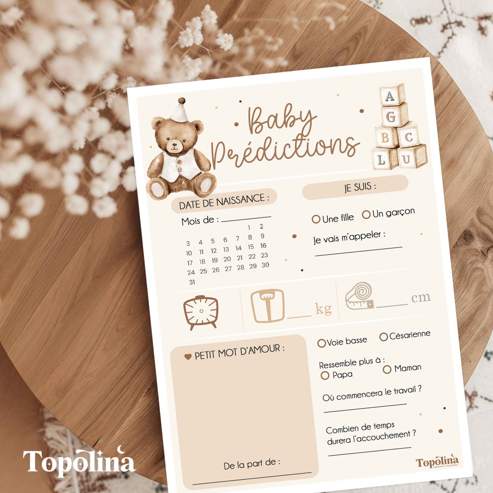 Cartes prédictions Baby Shower – Ourson
