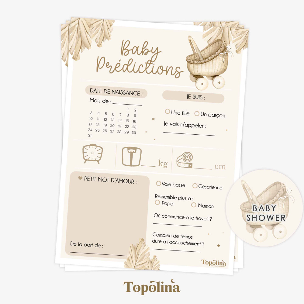 Cartes prédictions Baby Shower – Landau & fleurs séchées