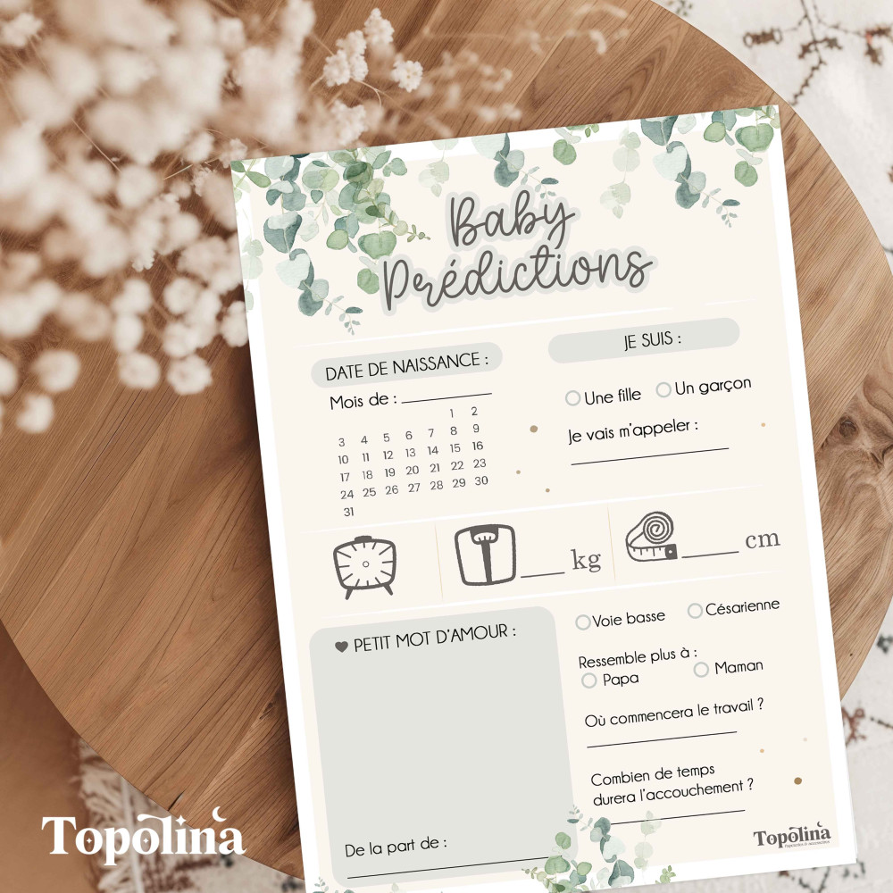 Cartes prédictions Baby Shower – Thème eucalyptus