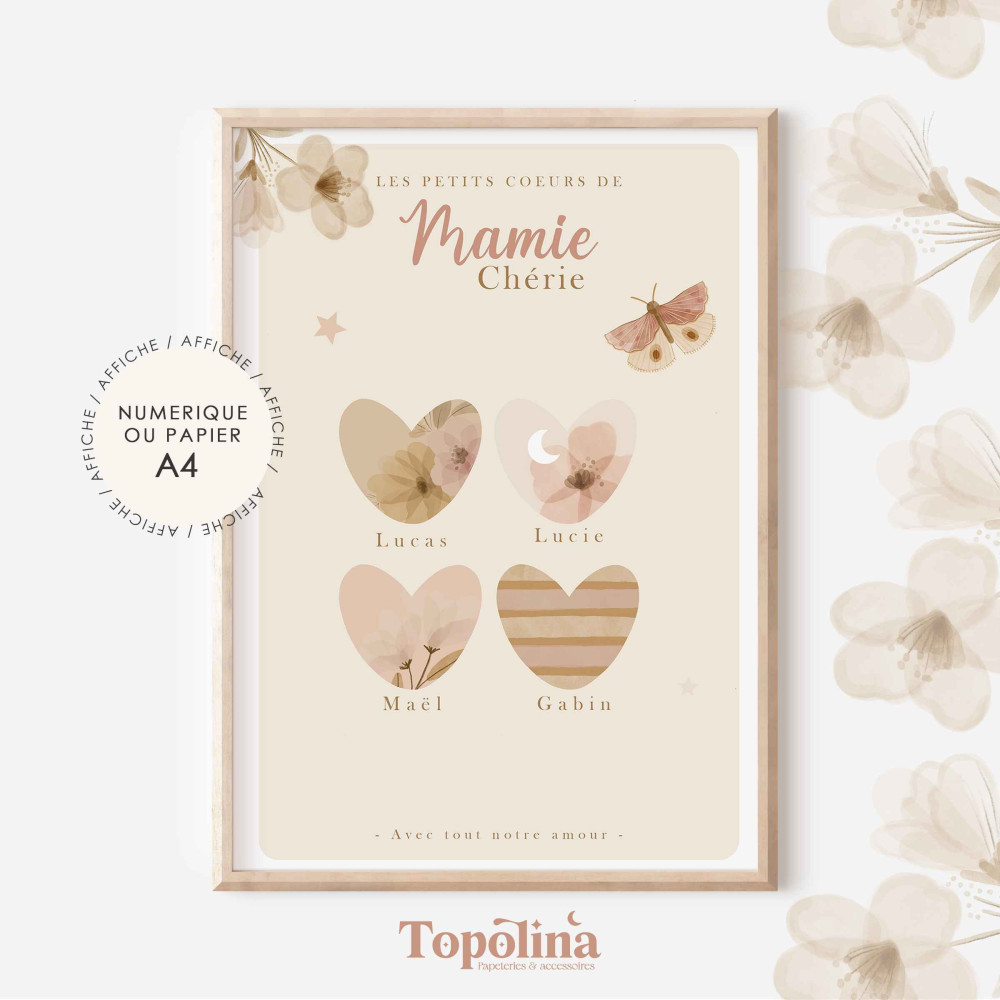 Affiche Mamie – Cœurs & prénoms des petits-enfants