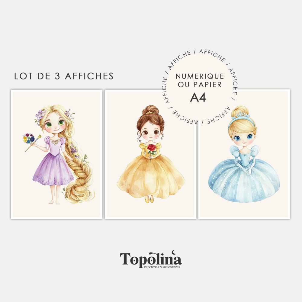 Trio d’affiches princesses au choix – Illustrations décoratives pour chambre d’enfant