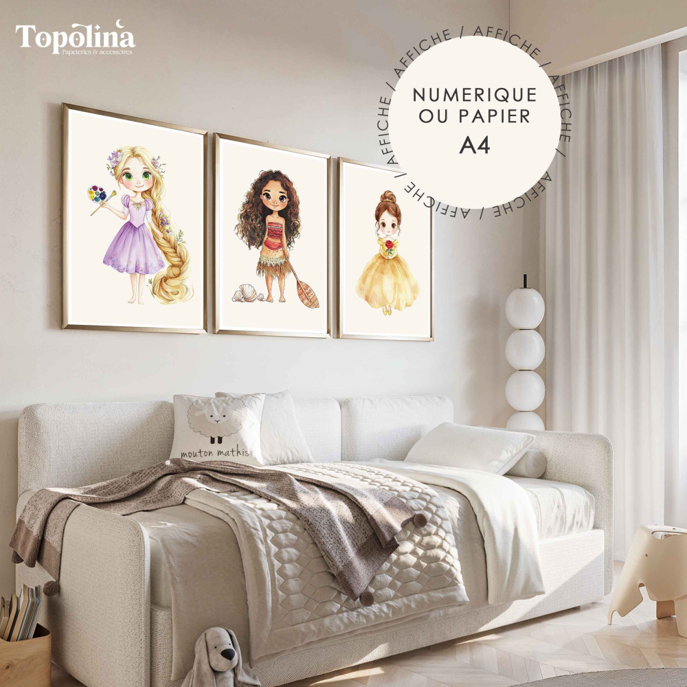 Lot de 3 affiches princesses pour chambre de fille