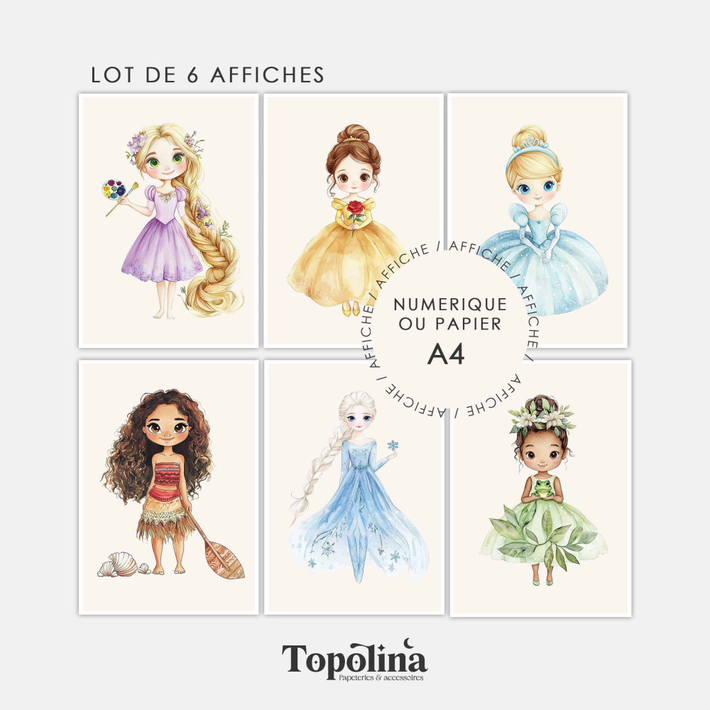 Lot de 6 affiches princesses au choix – Illustrations décoratives pour chambre d’enfant