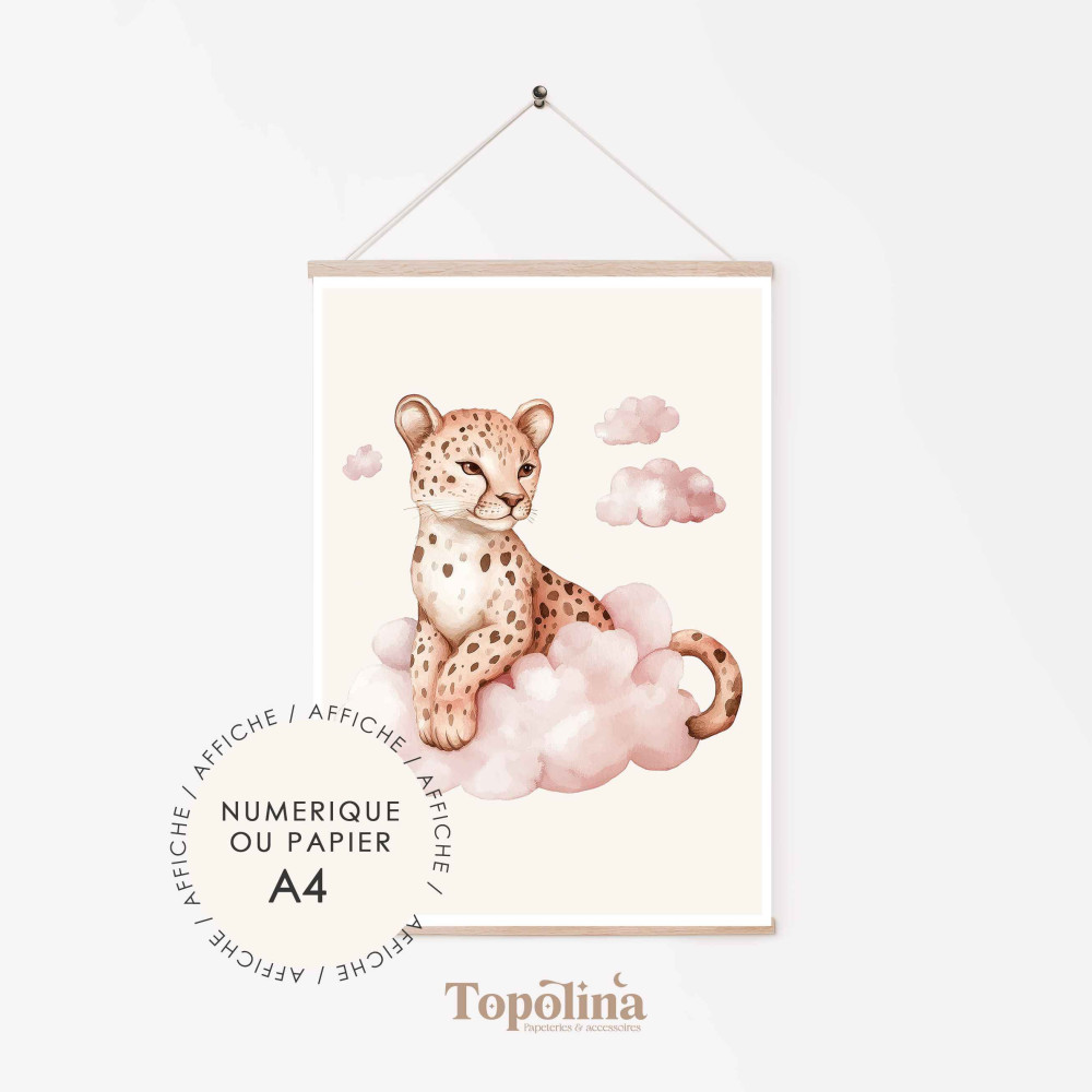 Illustration léopard pour chambre d’enfant, parfaite pour une décoration murale tendre et tendance.