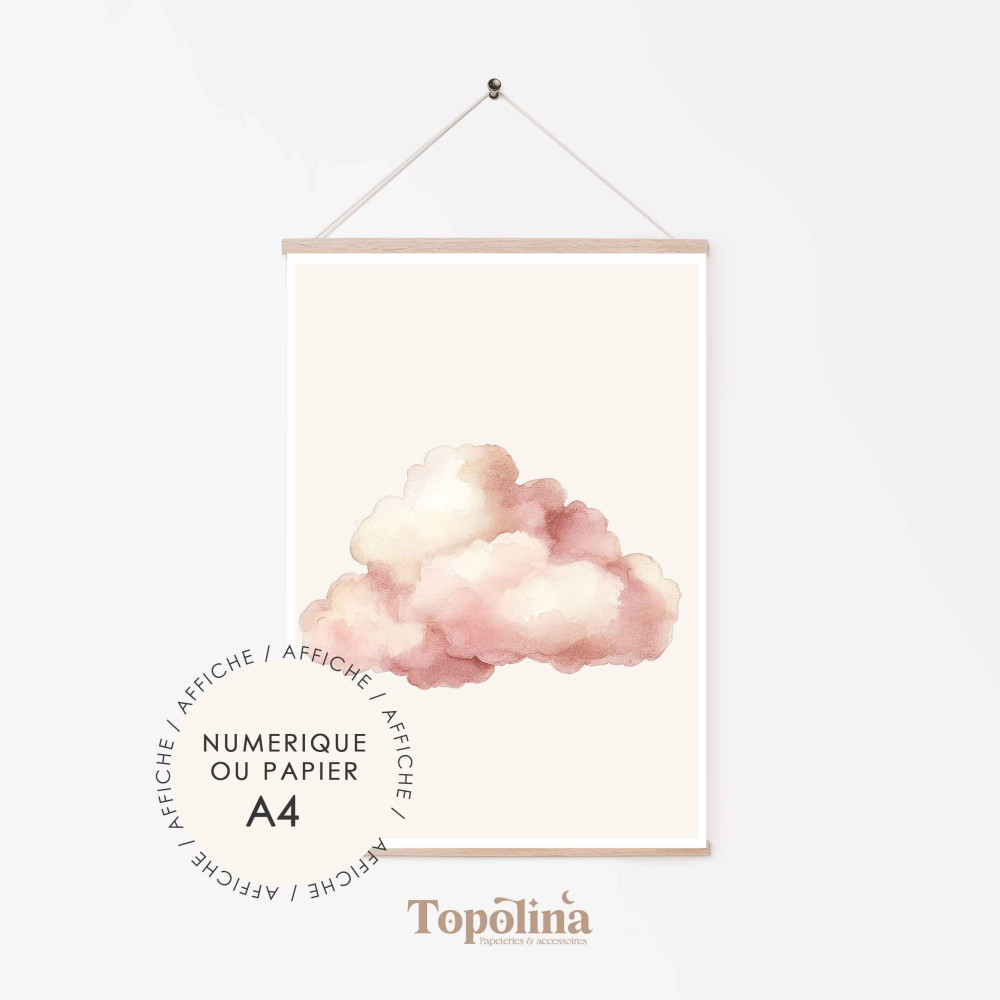 Affiche nuage girly, une illustration adorable pour décorer une chambre d’enfant avec douceur.