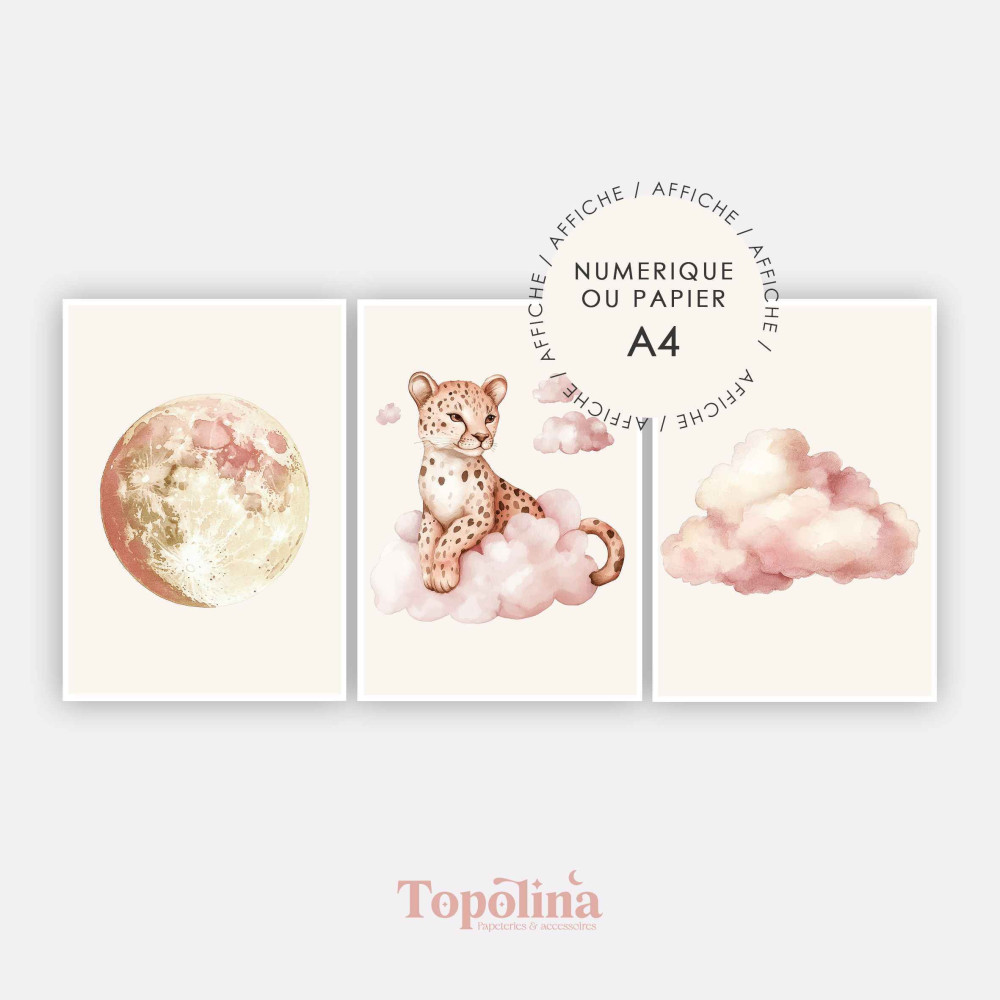 Trio d’Affiches Girly – Lune, Nuage et Léopard pour Chambre d’Enfant