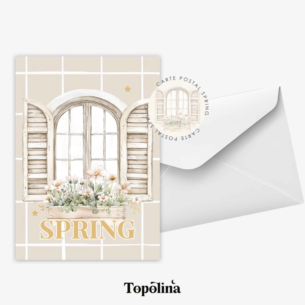 Carte postale printemps “Spring” – Fenêtre fleurie & bac à fleurs – Illustration douce