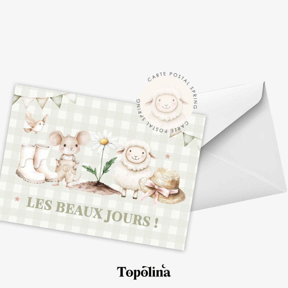 Carte postale printemps “Les beaux jours” – Souris, bottes & fleurs – Illustration poétique