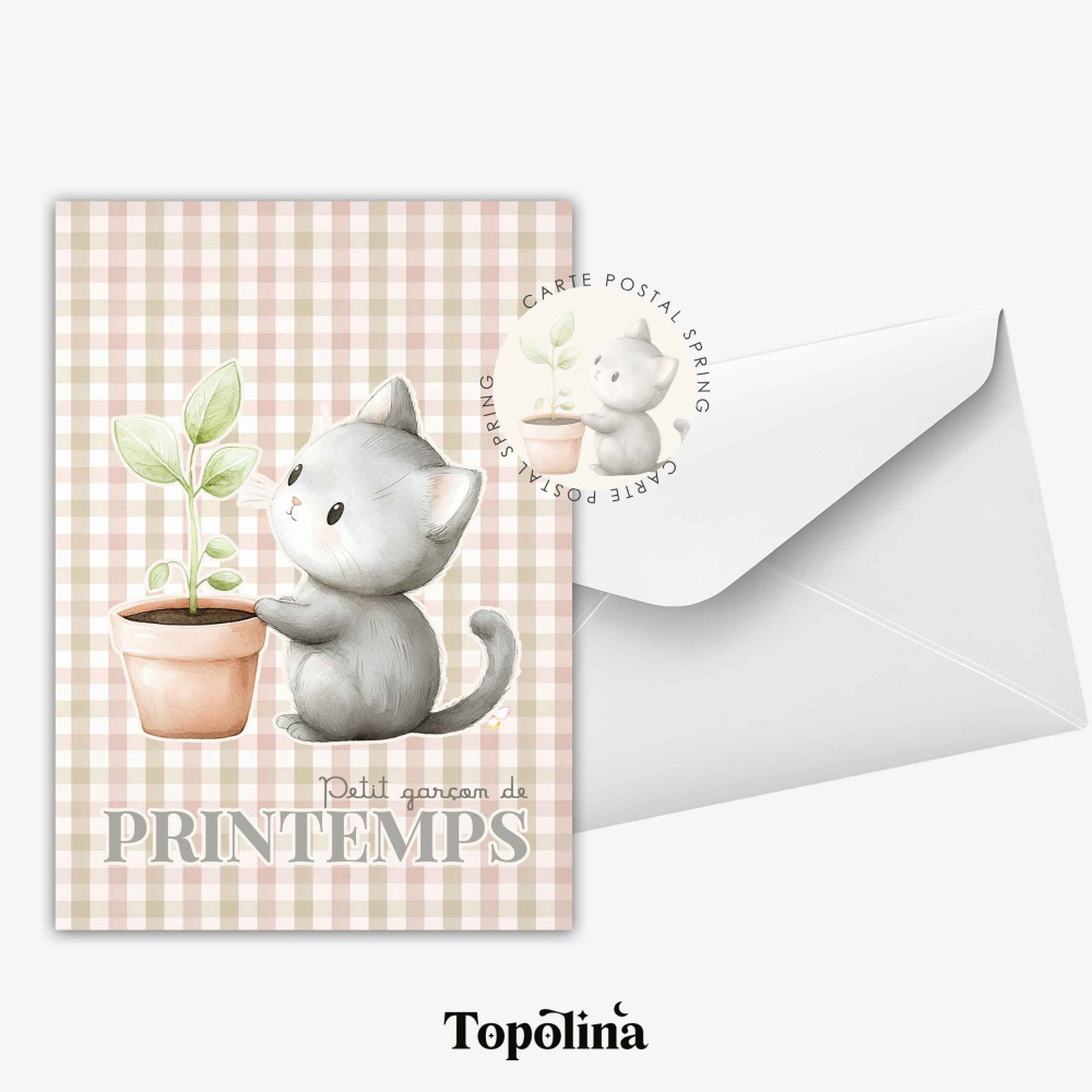 Carte postale printemps petit garçon – Illustration enfant douce – Papeterie poétique