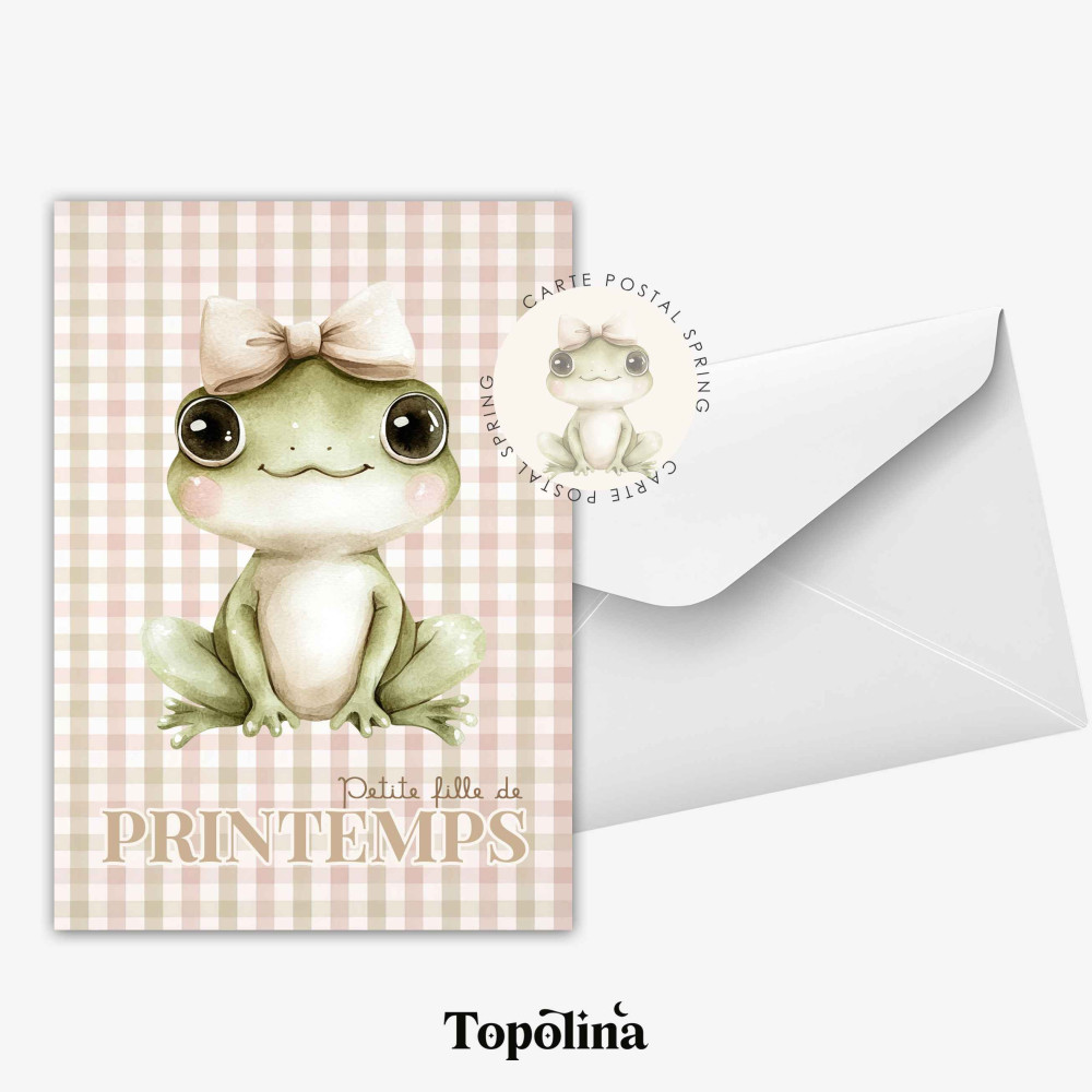 Carte postale printemps petite fille – Grenouille & illustration enfant douce – Papeterie poétique