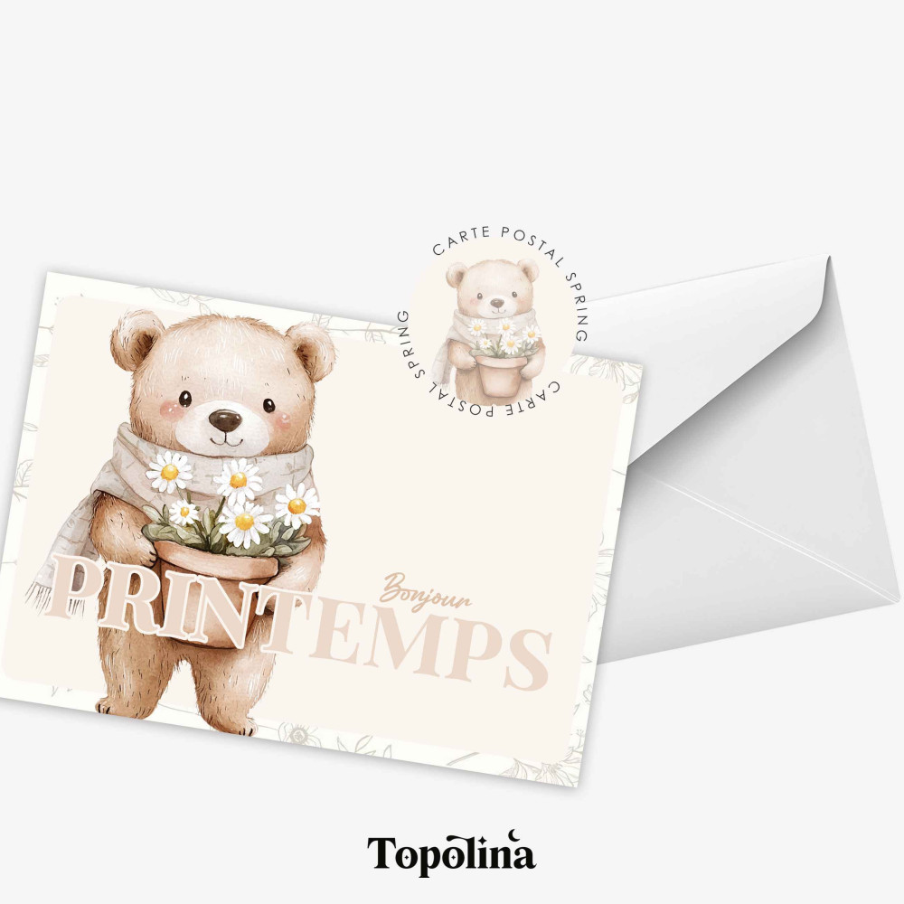 Carte postale printemps “Bonjour le printemps” – Ours & marguerite – Illustration douce et poétique
