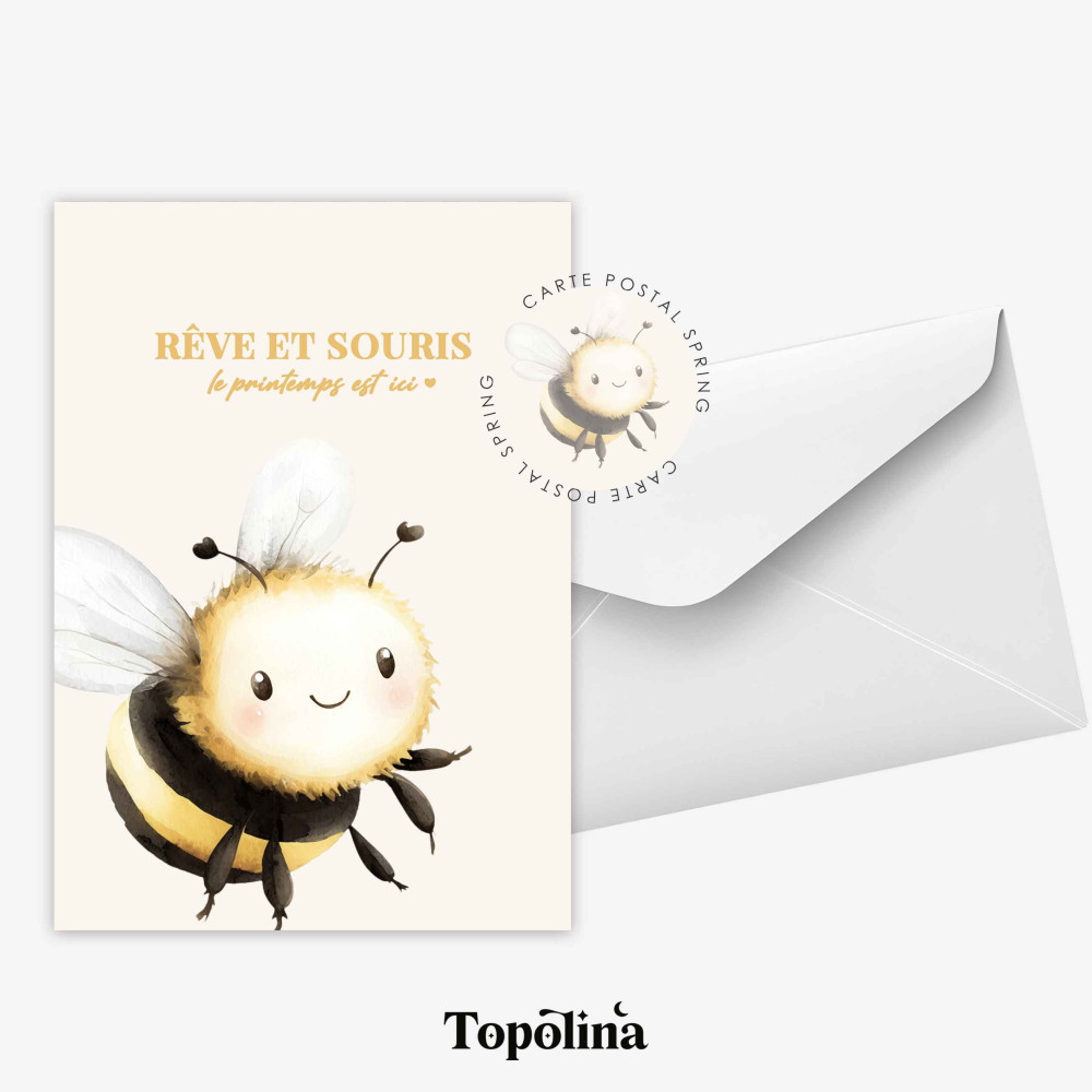 Carte postale printemps “Abeille” – Illustration fleurs & insecte – Papeterie douce et poétique