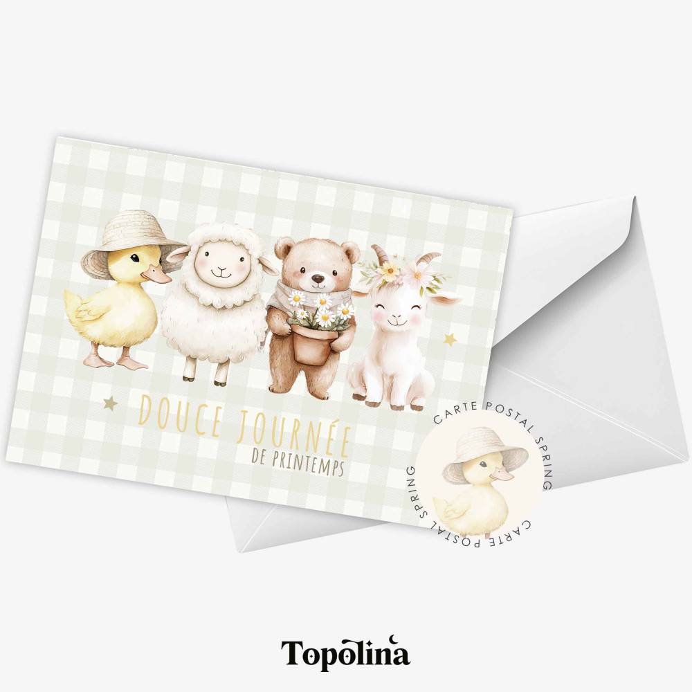 Carte postale printemps – Poussin, Mouton, Ourson & Bouc – Illustration enfantine et poétique