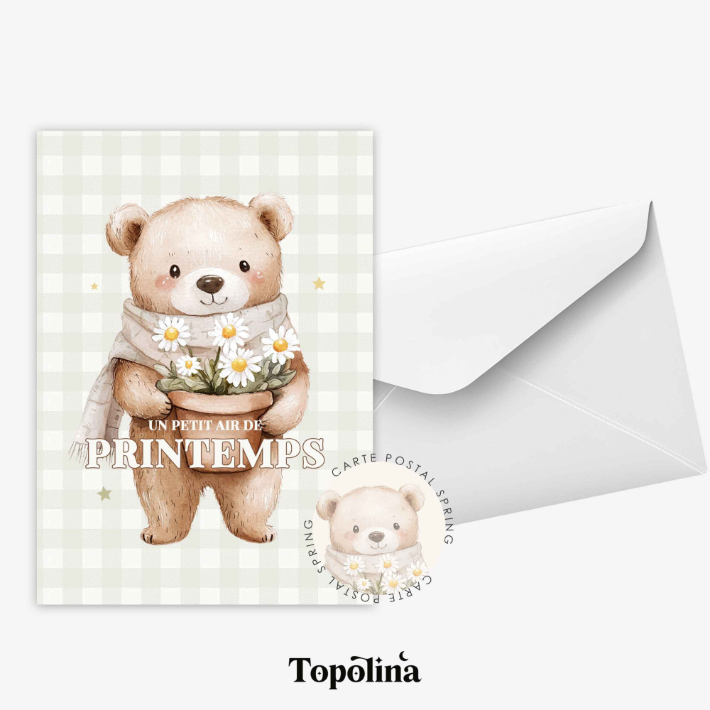 Carte postale printemps “Ours et Marguerite” – Illustration douce et poétique – Papeterie enfantine