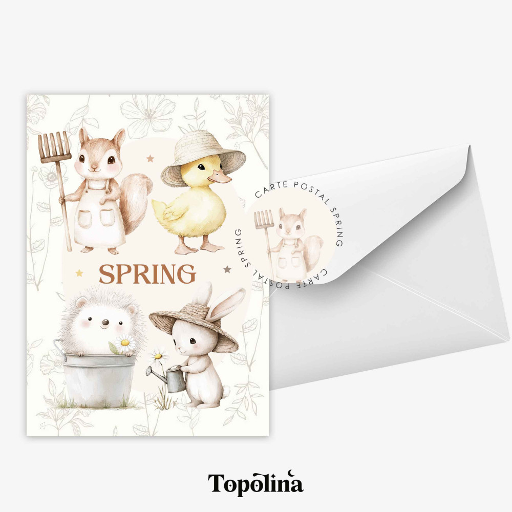 Carte postale printemps  “Spring” – Poussin, Mouton, Hérisson & Lapin – Illustration enfantine