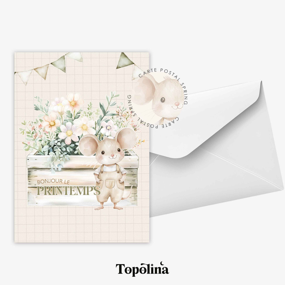 Carte postale printemps “Souris et bac à fleurs” – Illustration enfantine et poétique