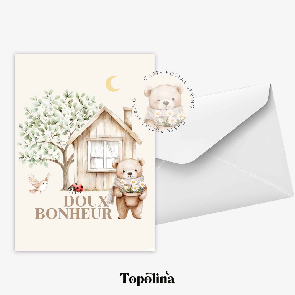 Carte postale printemps “Maison, Ourson et Fleurs” – Illustration douce et enfantine