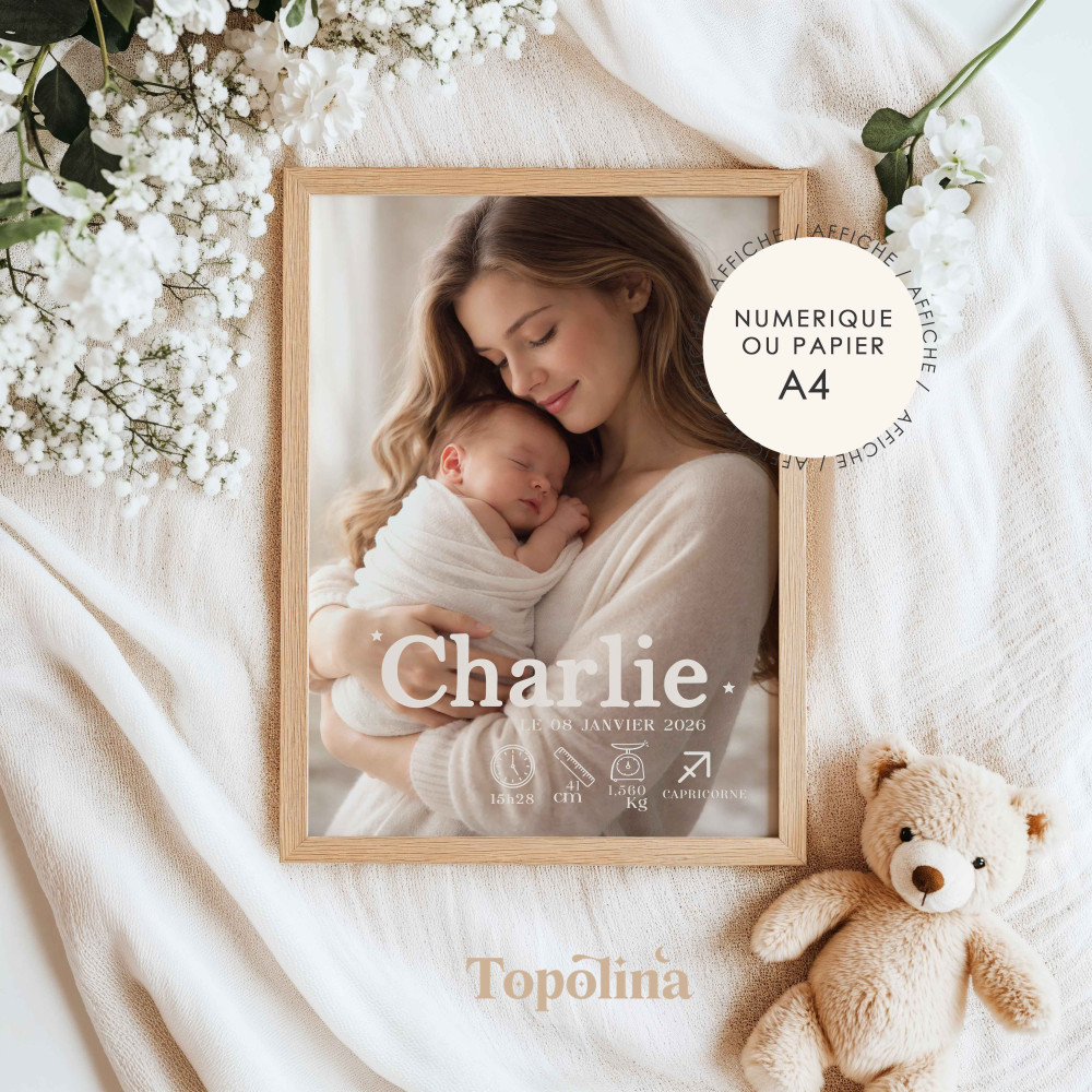 Affiche naissance personnalisée avec photo – Prénom, date, poids et taille de bébé