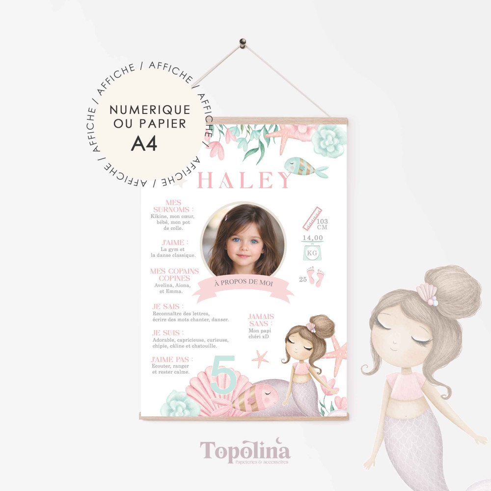 Une affiche d’anniversaire sirène douce et féerique aux tons rose, vert et violet pour une décoration magique.