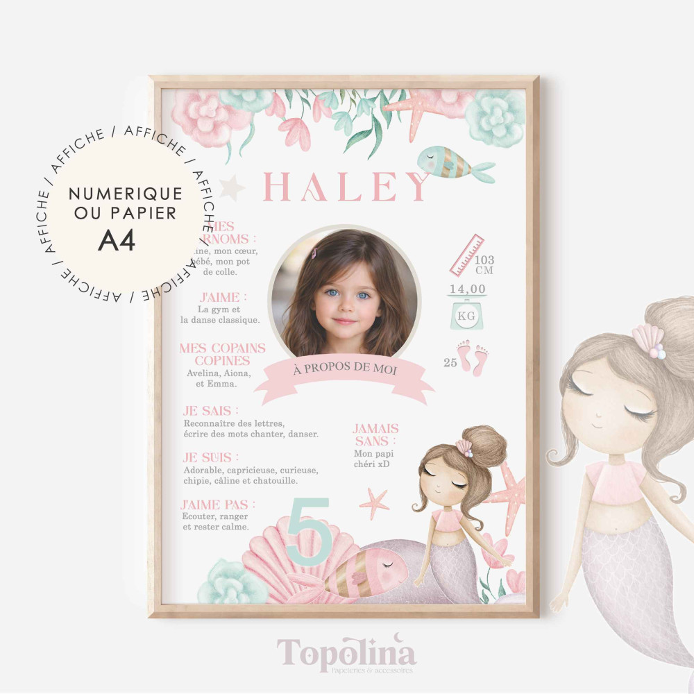 Affiche Anniversaire Sirène – Tons Rose, Vert et Violet