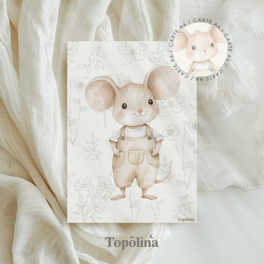 Carte postale souriceau illustration douce enfant