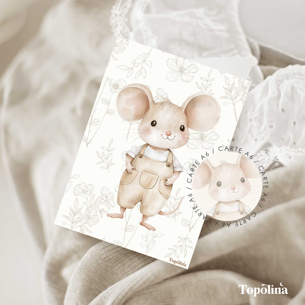 Carte postale souriceau – Illustration douce enfant | Papeterie personnalisée