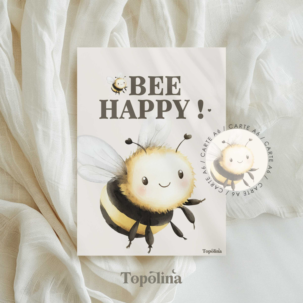 Carte postale abeille Bee Happy – Illustration enfant joyeuse | Papeterie douce
